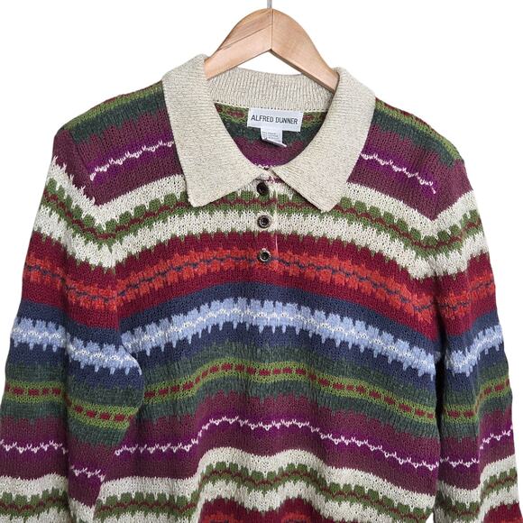 VTG Alfred Dunner Womens Striped Knit Sweater Polo Collar SZ L Cozy Cottagecore - Picture 2 of 11